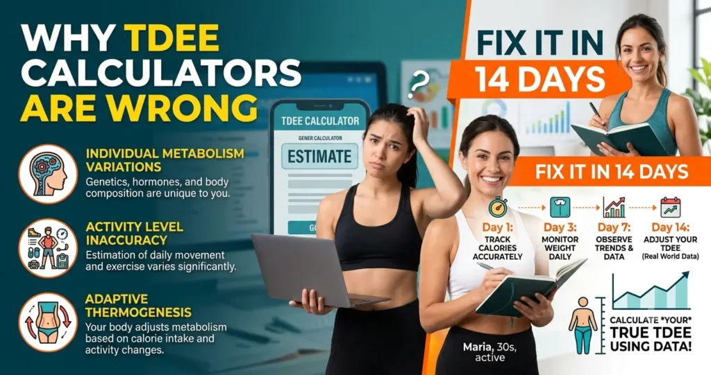 Infographic explaining why TDEE calculators are wrong and a 14-day timeline to calculate true TDEE using data.