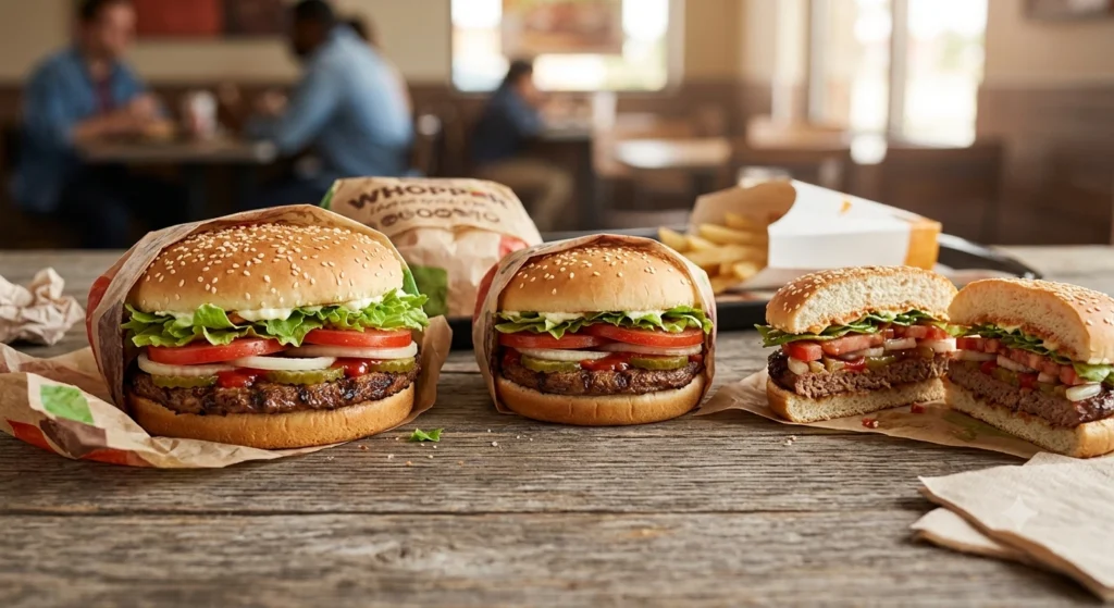 Comparison of Whopper, Whopper Jr, and half-cut Whopper burgers.
