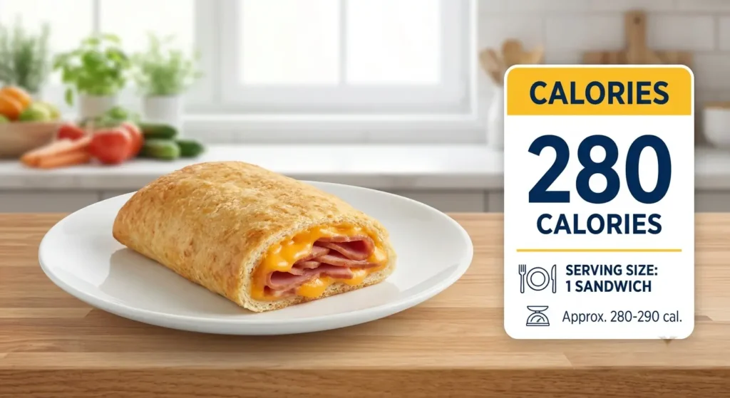 A detailed infographic showing a baked ham and cheese Hot Pocket split open on a white plate, with a large sidebar listing 280 calories per serving size of one sandwich.