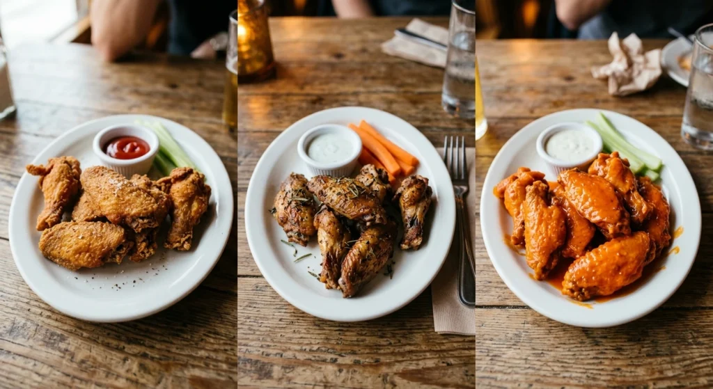 Three plates of fried, baked, and buffalo chicken wings side-by-side.