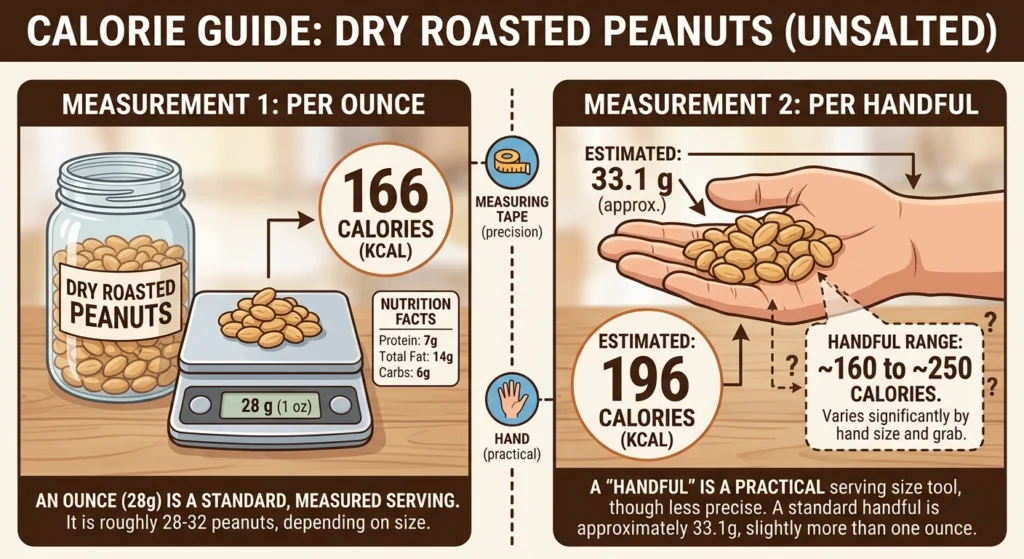 An infographic split vertically, comparing a measured one-ounce serving of dry roasted peanuts on a kitchen scale (166 calories) to an estimated "handful" of peanuts held in a human hand (~160 to ~250 calories).