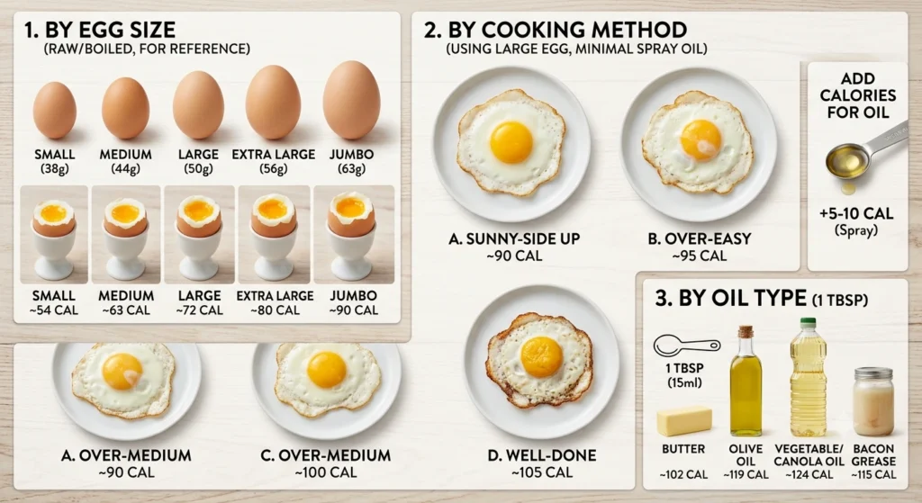Chart comparing fried eggs by size, cooking style, and oil types.