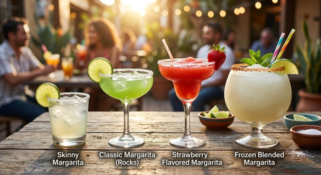 A side-by-side comparison of 4 types of margarita cocktails on a wooden table: Skinny Margarita, Classic Margarita on the Rocks, Strawberry Flavored Margarita, and Frozen Blended Margarita.