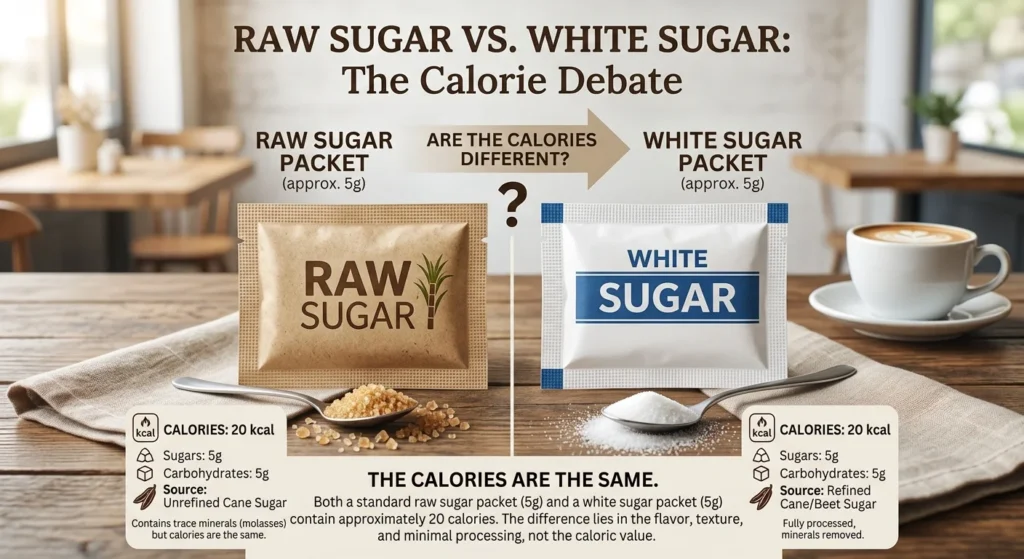 Side-by-side comparison of a brown raw sugar packet and a white refined sugar packet on a wooden table next to a cup of coffee, showing both contain approximately 20 calories per 5g packet.