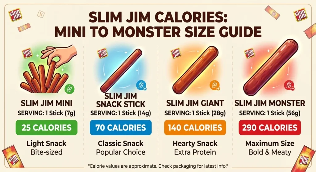 A vibrant and easy-to-understand infographic comparing the calorie content of four different Slim Jim sizes: Mini, Snack Stick, Giant, and Monster. Each size is represented by a stylized image of the beef stick, along with its name, serving size, and color-coded calorie count.
