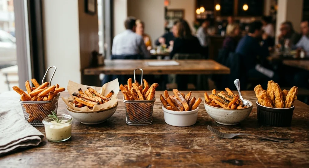 A infographic comparison chart showing the calories of 6 types of sweet potato fries: Baked, Deep Fried, Air Fried, Seasoned, Sweetened, and Battered, arranged on a rustic wooden table.