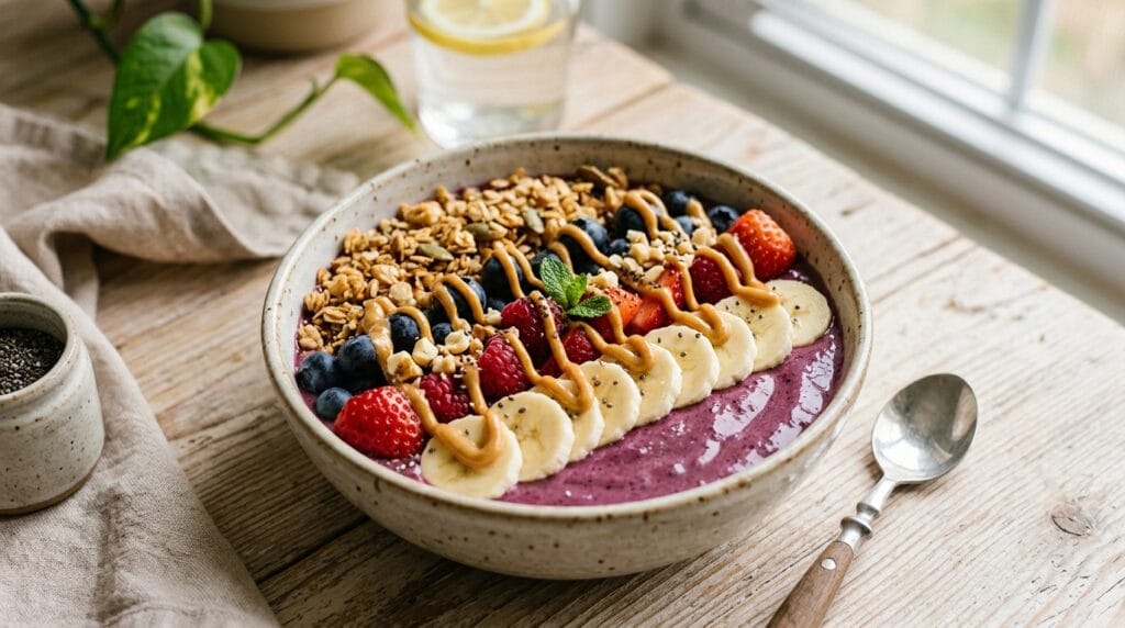 Acai bowl topped with granola, fresh banana slices, berries, and a drizzle of peanut butter.