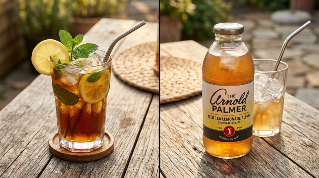 Side-by-side comparison of a fresh homemade Arnold Palmer drink next to a commercial bottled iced tea lemonade blend.