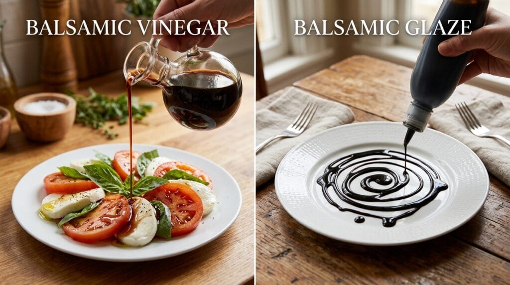Side-by-side comparison of thin balsamic vinegar poured over a Caprese salad and thick balsamic glaze drizzled on a white plate.