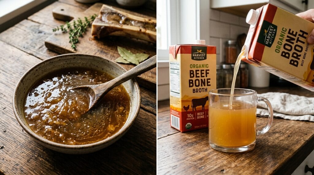 Side-by-side comparison of rich homemade beef bone broth in a bowl next to store-bought bone broth being poured from a carton.