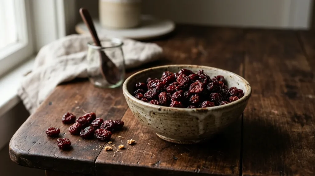 Dried cherries in a wooden bowl