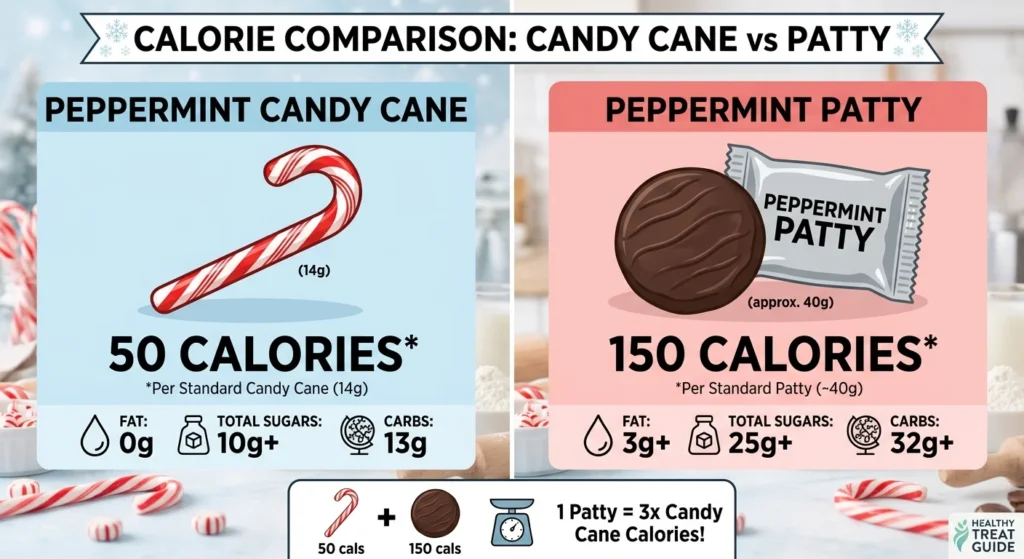 Infographic comparing calories in a peppermint candy cane (50 calories) versus a peppermint patty (150 calories) per serving.