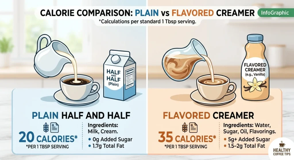 Infographic comparing Plain Half and Half (20 calories, 0g added sugar) versus Flavored Creamer (35 calories, 5g added sugar) per tablespoon.