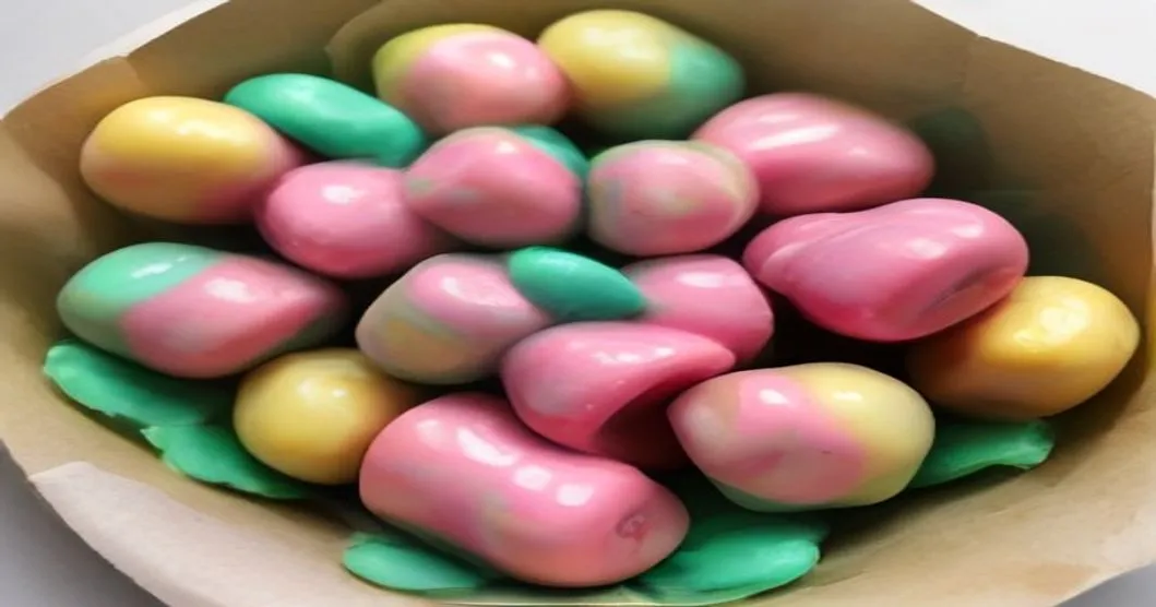 Colorful salt water taffy pieces wrapped in wax paper